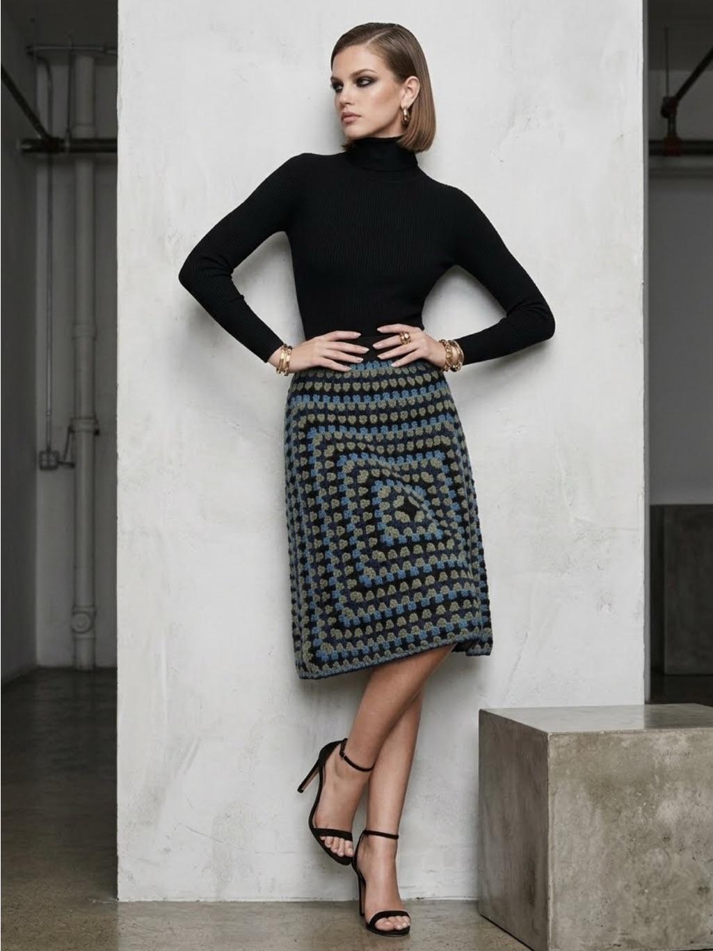Blue, Green & Black Crocheted Elastic Waistband Skirt